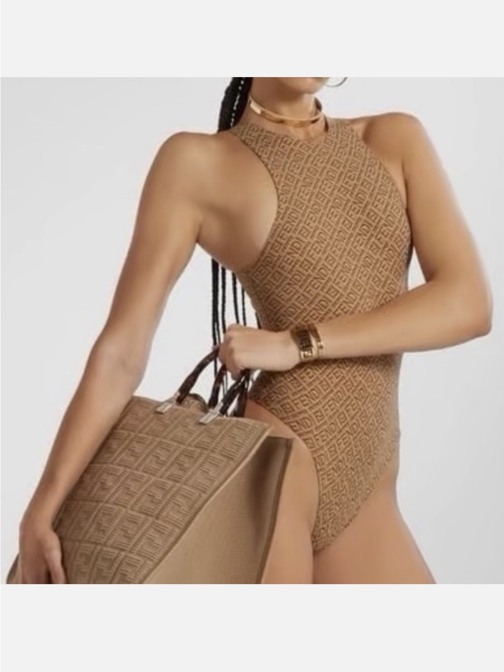 High-Neck Tan One-Piece bodysuit by fendi skims